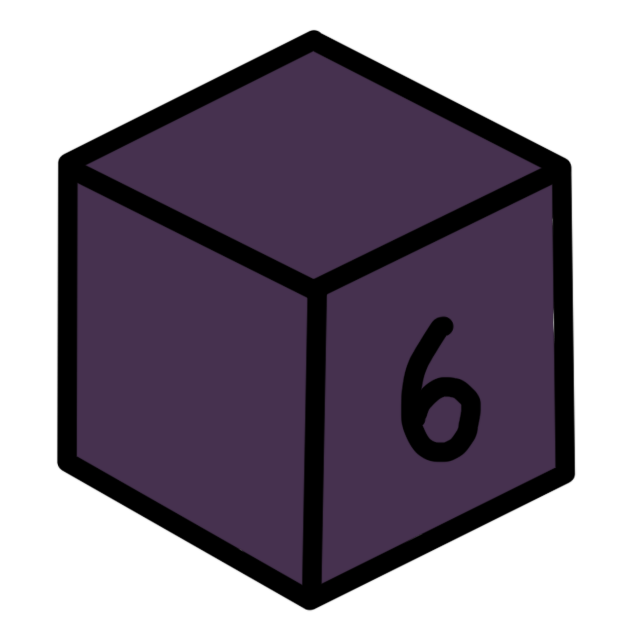 A dark purple cube shape with a 6 on one side.